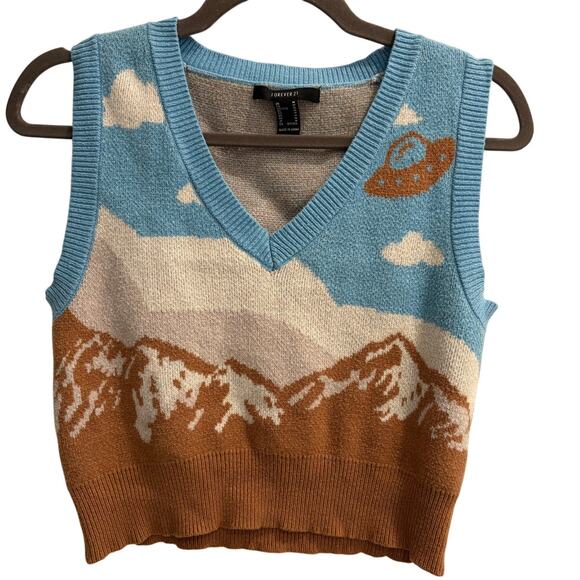 Forever 21 Sweaters - Forever 21 Sky Blue Cream and Brown Mountain & UFO Knit Vest